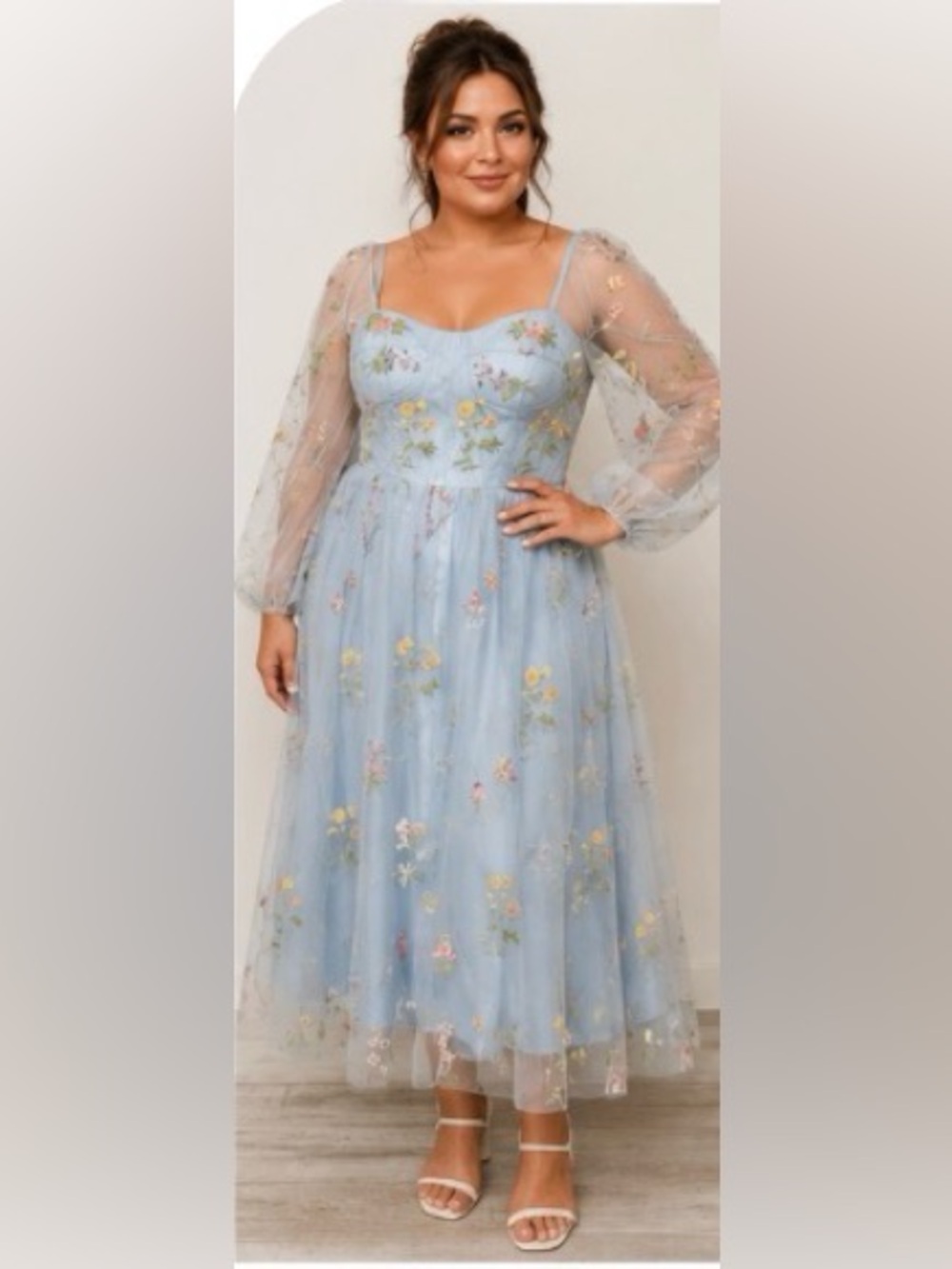 Romantic Light Blue Floral Embroidered Long Sleeve Midi Dress
